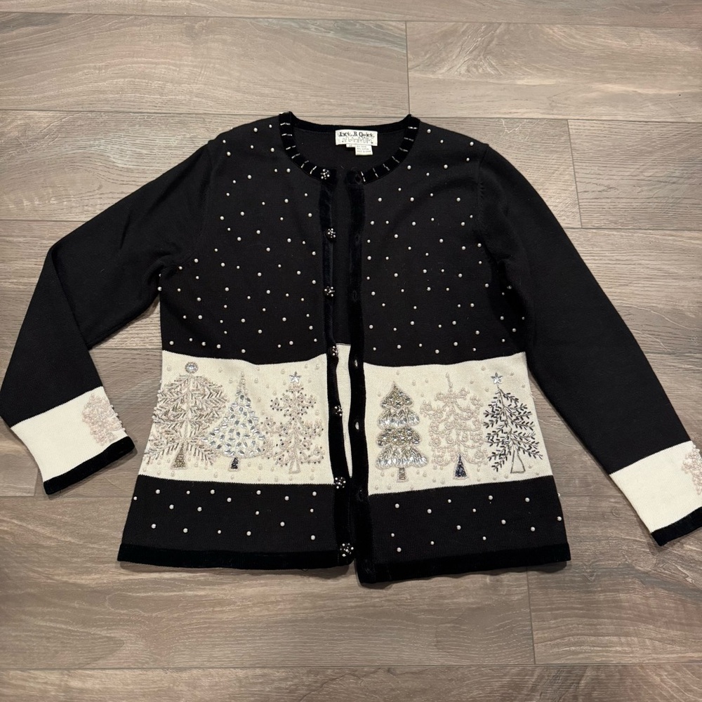 Jack B. Quick Holiday Bejeweled Black Cardigan Party New Years Sweater Medium